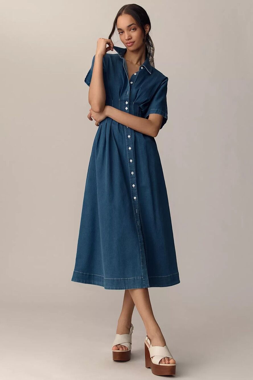 New Anthropologie The Tobie Button-Front Pleated Shirt Dress by Exquise: Denim E